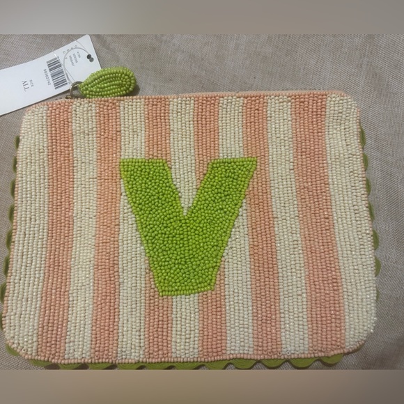 NWT Anthropologie 2025 Beaded Striped Monogram Pouch Letter “V” - Picture 3 of 3